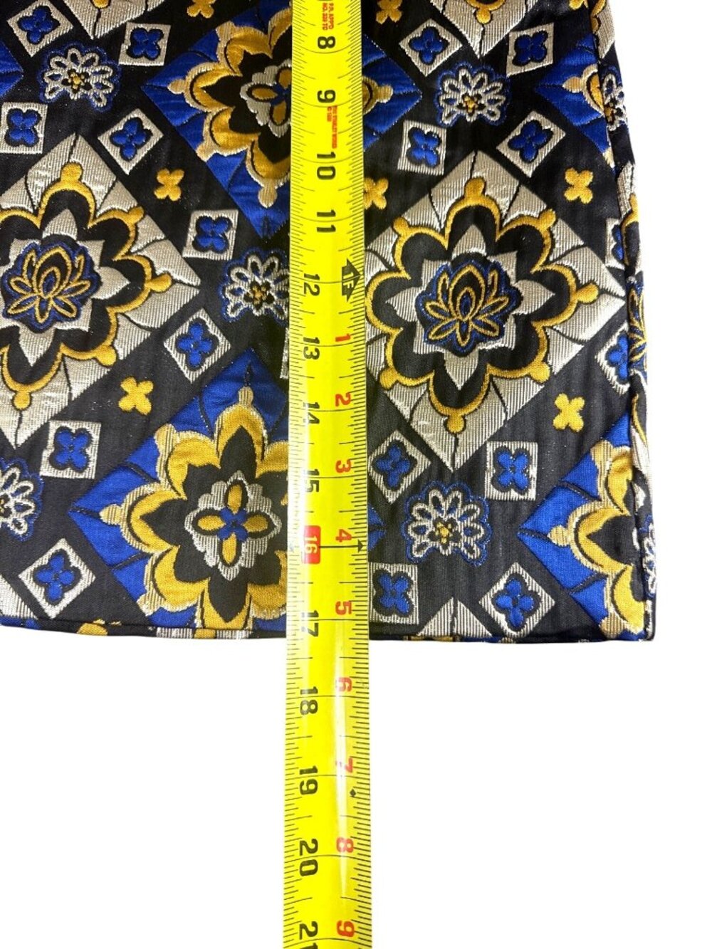 LOFT Petite Metallic Jacquard Mini Skirt Blue Gold Tile Print Size OP Preppy - Picture 6 of 8
